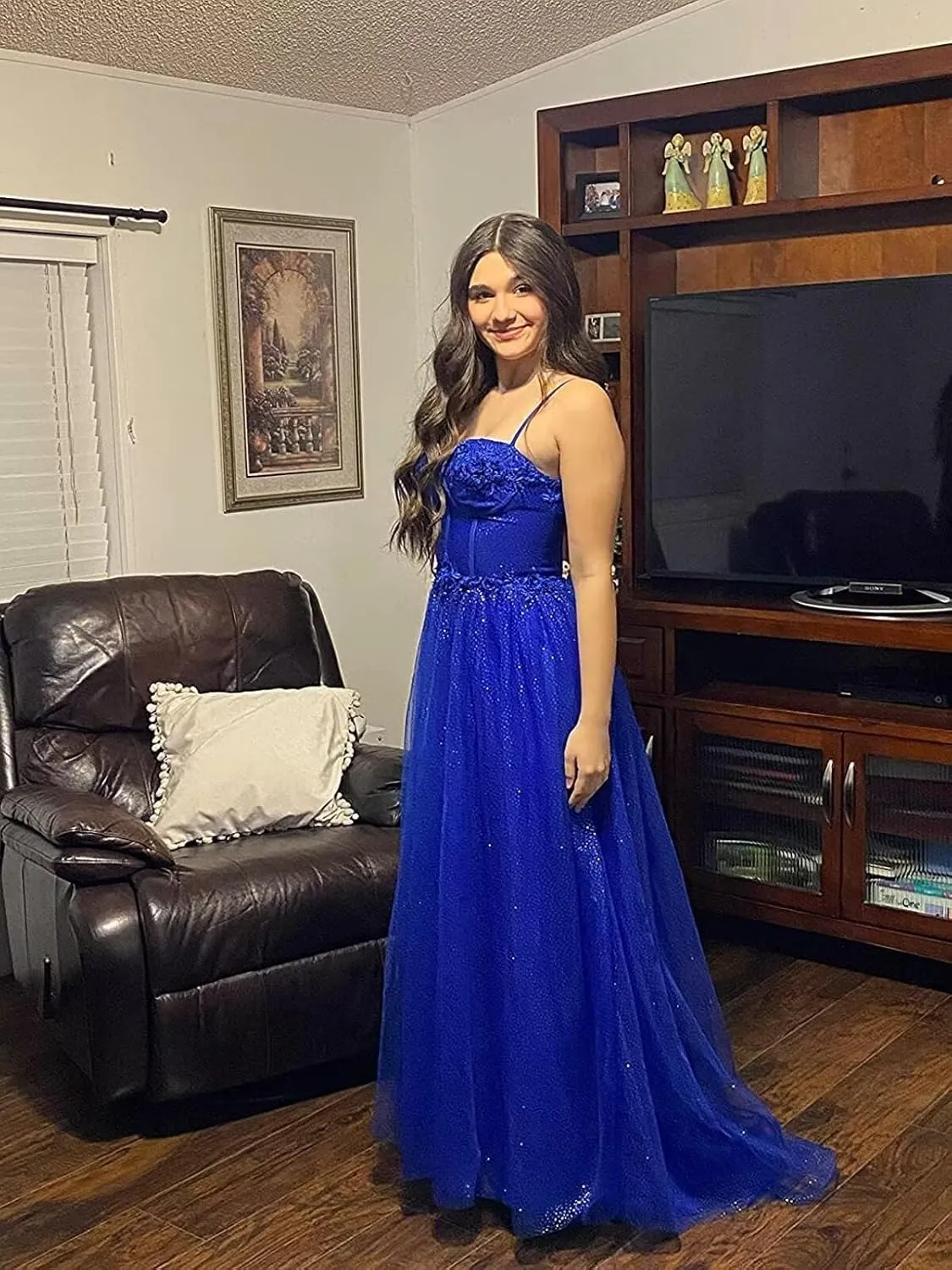 Glitter Tulle Prom Dresses Long 2023 Ball Gown Spaghetti Straps Sweetheart Lace Applique