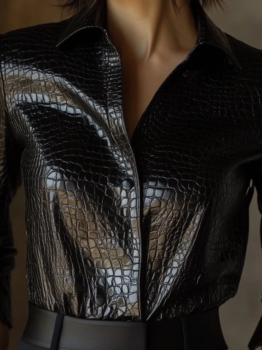 Glossy Black Crocodile Embossed Shirt