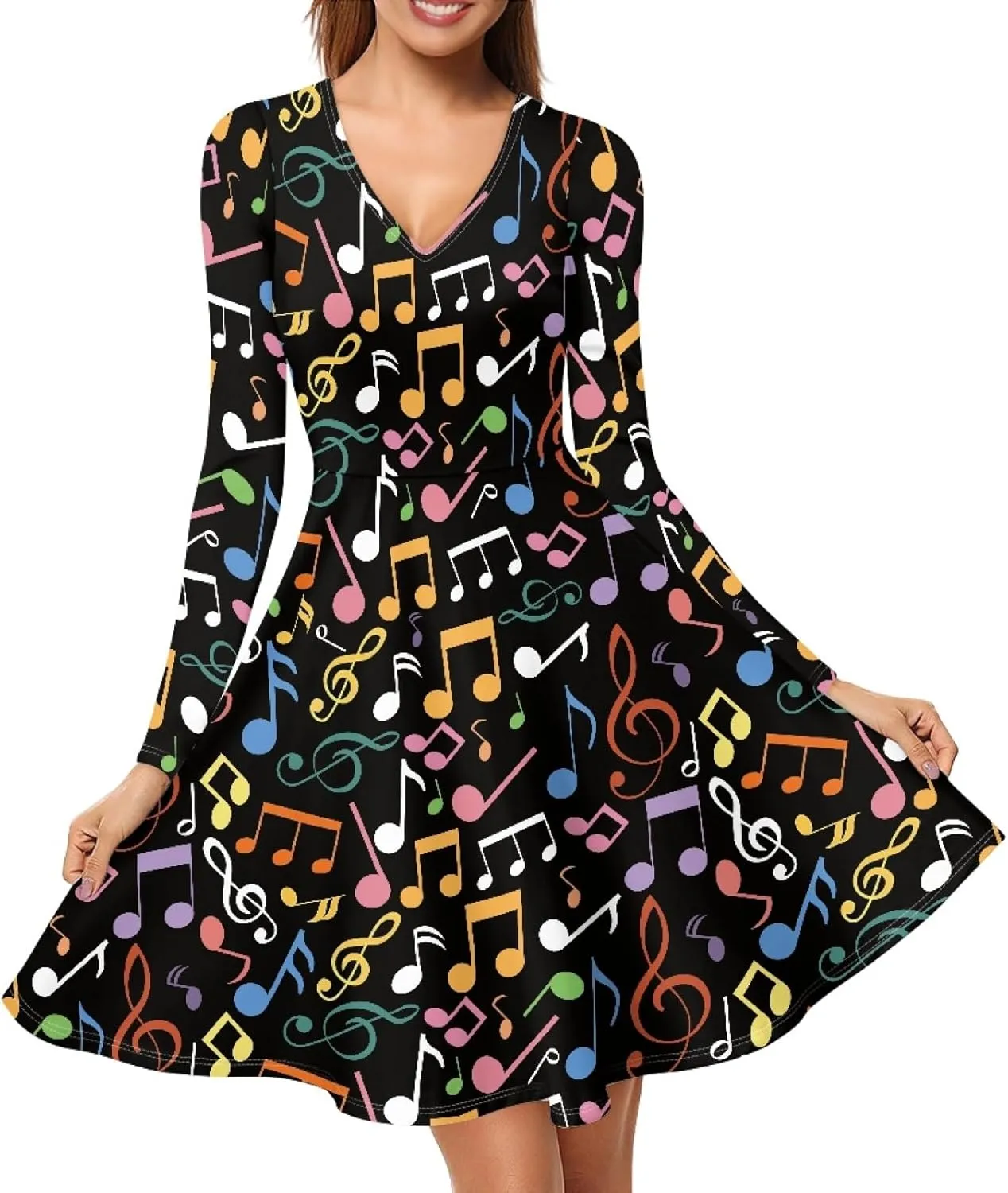 GLUDEAR Women's Van Gogh Painting 3D Print Long Sleeve V-Neck Ruffle Swing Dress