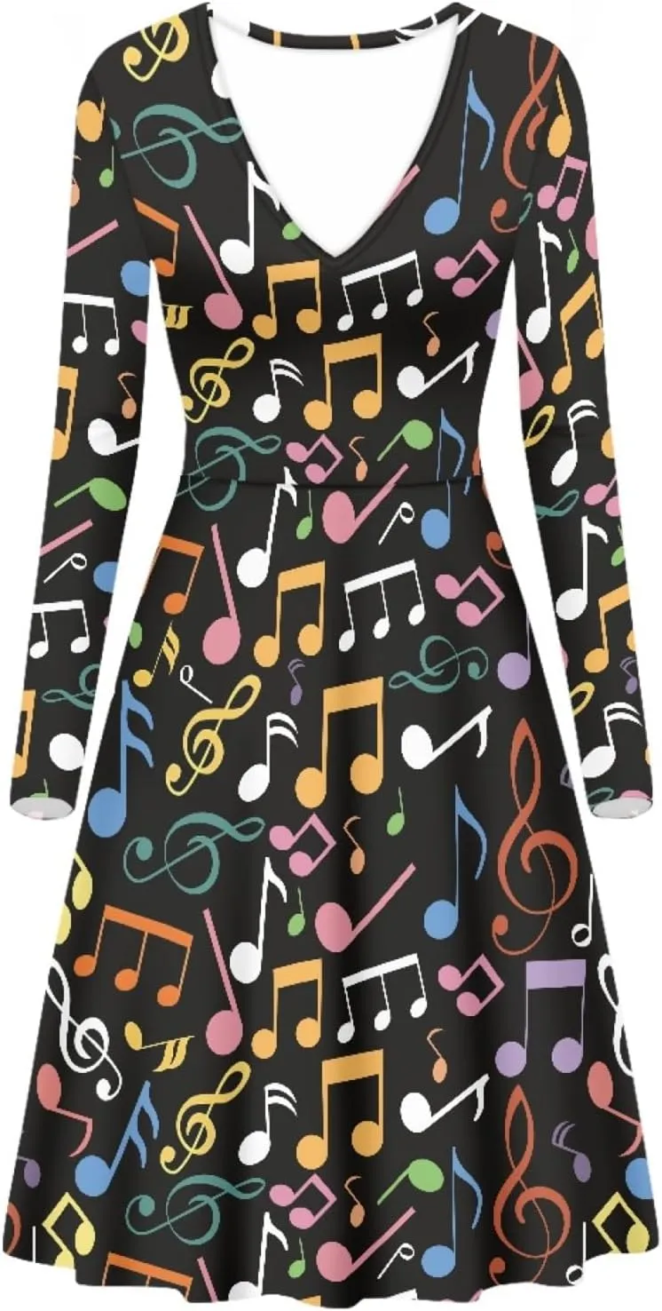 GLUDEAR Women's Van Gogh Painting 3D Print Long Sleeve V-Neck Ruffle Swing Dress