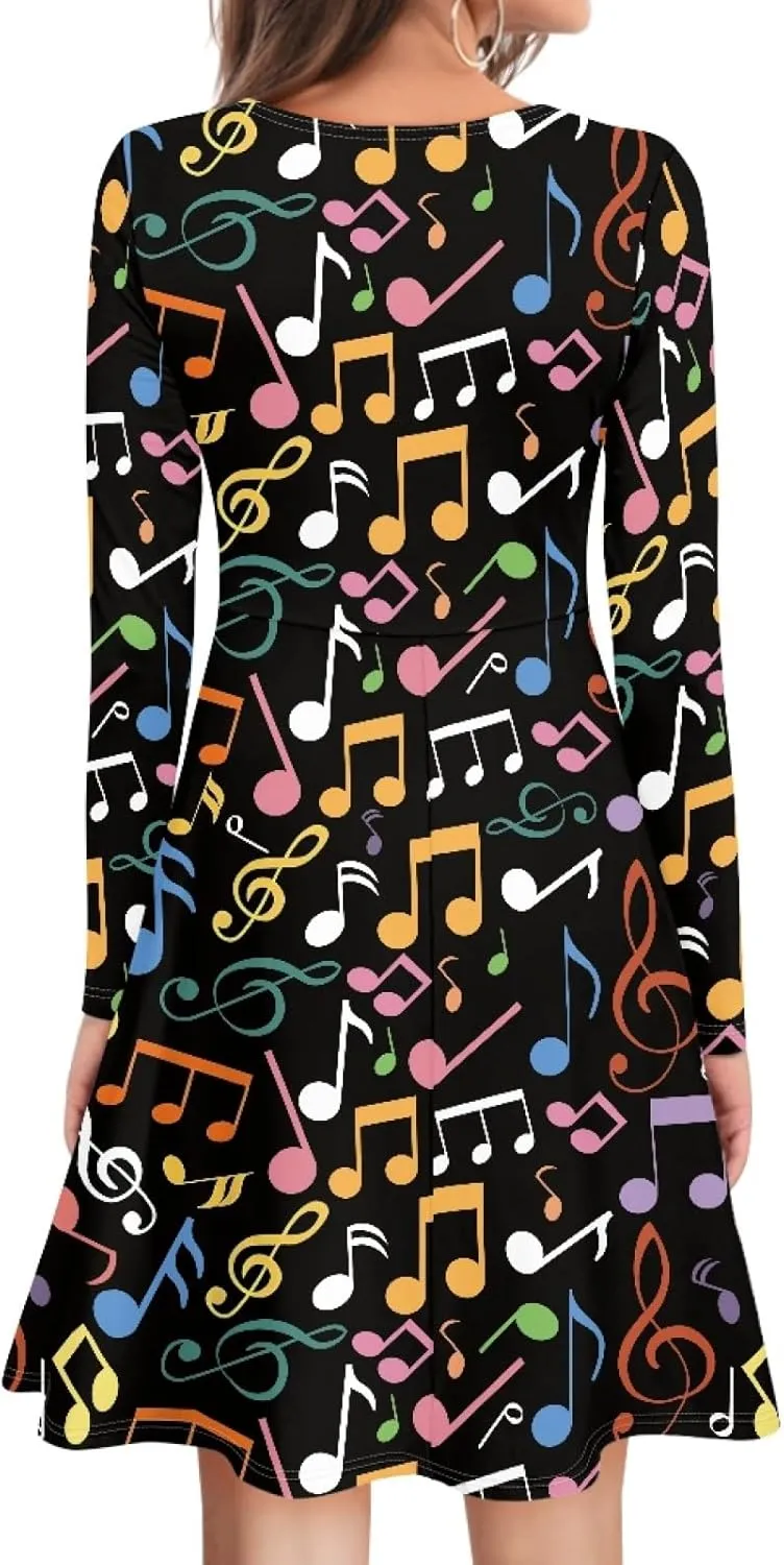 GLUDEAR Women's Van Gogh Painting 3D Print Long Sleeve V-Neck Ruffle Swing Dress
