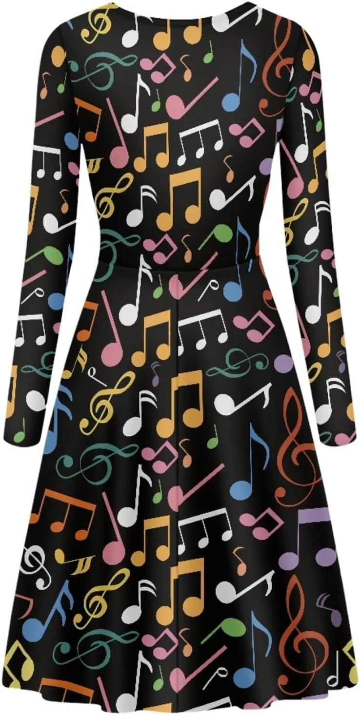 GLUDEAR Women's Van Gogh Painting 3D Print Long Sleeve V-Neck Ruffle Swing Dress
