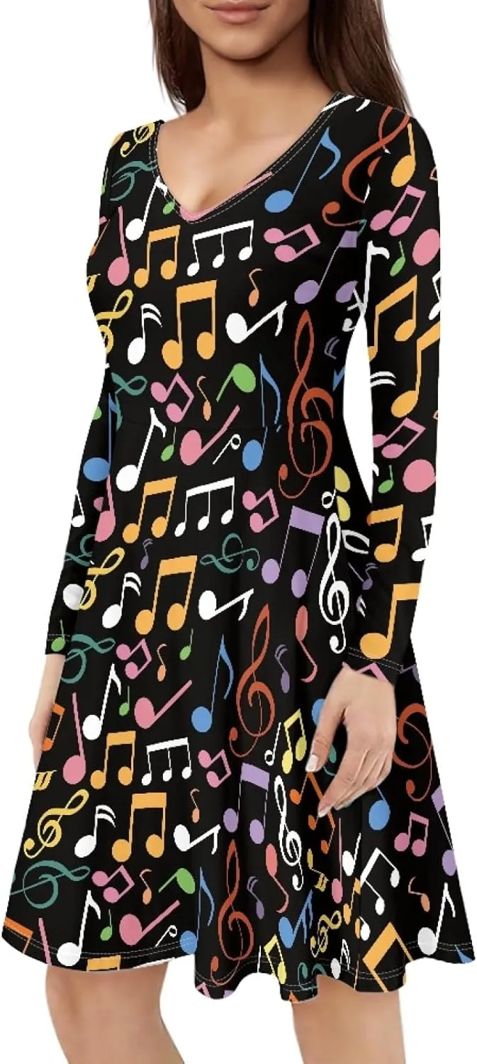 GLUDEAR Women's Van Gogh Painting 3D Print Long Sleeve V-Neck Ruffle Swing Dress