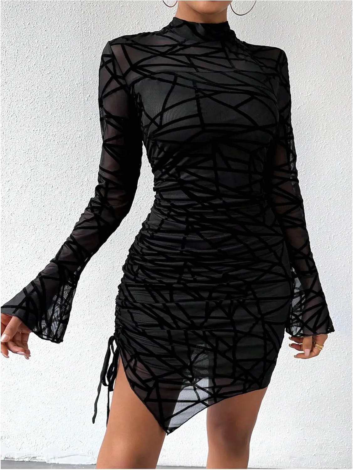 GORGLITTER Women's Ruched Asymmetrical Mini Dress Mesh Long Sleeve Mock Neck Bodycon Dresses