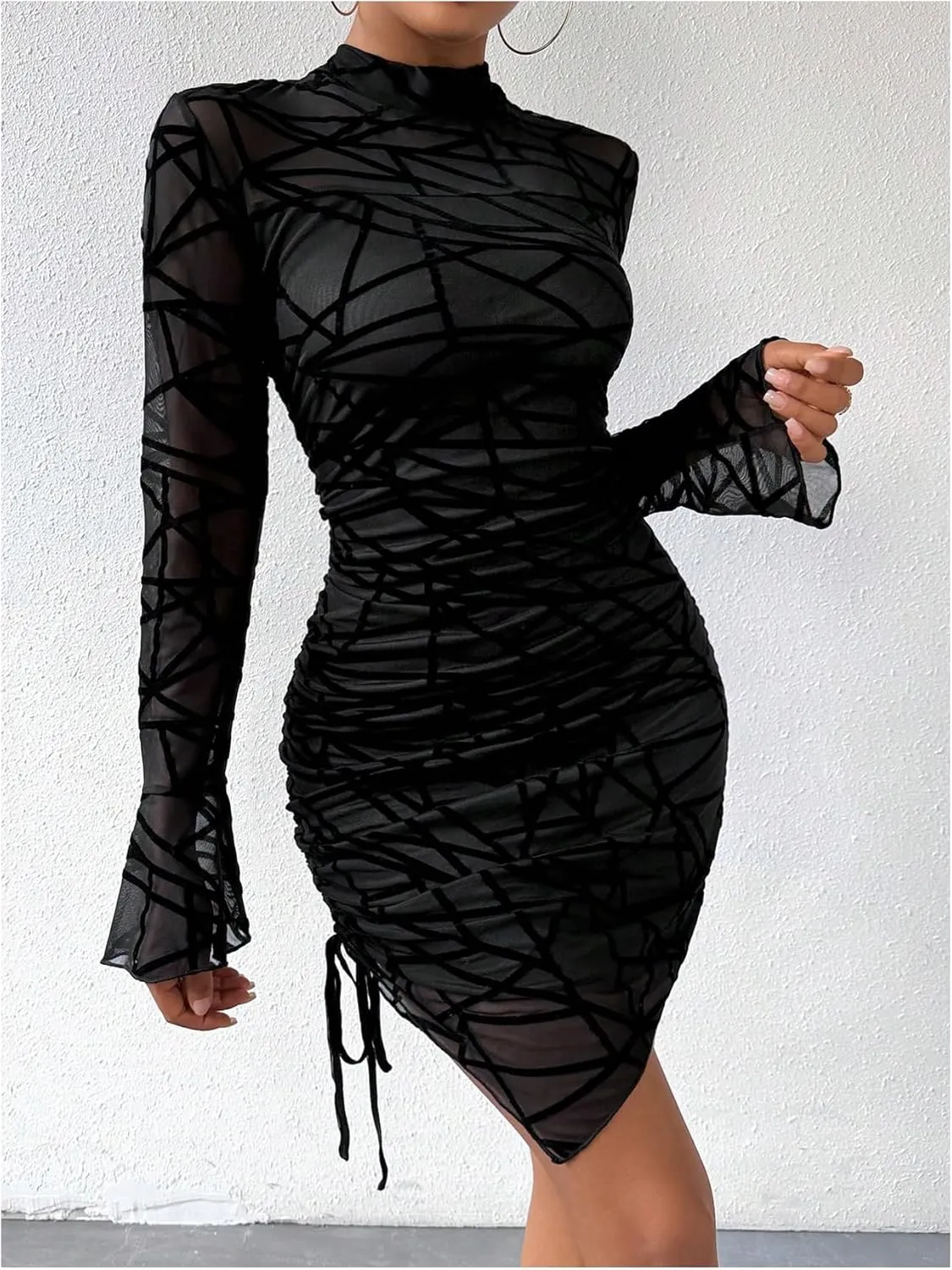 GORGLITTER Women's Ruched Asymmetrical Mini Dress Mesh Long Sleeve Mock Neck Bodycon Dresses