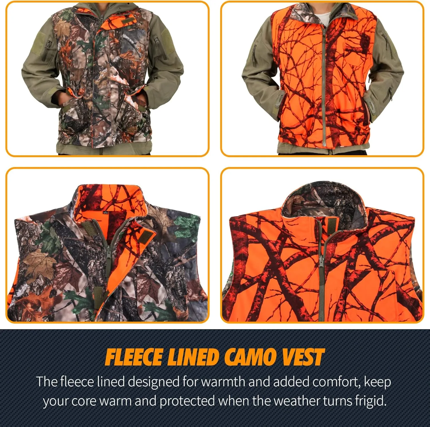GUGULUZA Camo and Orange Hunting Reversible Vest, Game Vest Jacket for Hunting Camping (M-4XL)