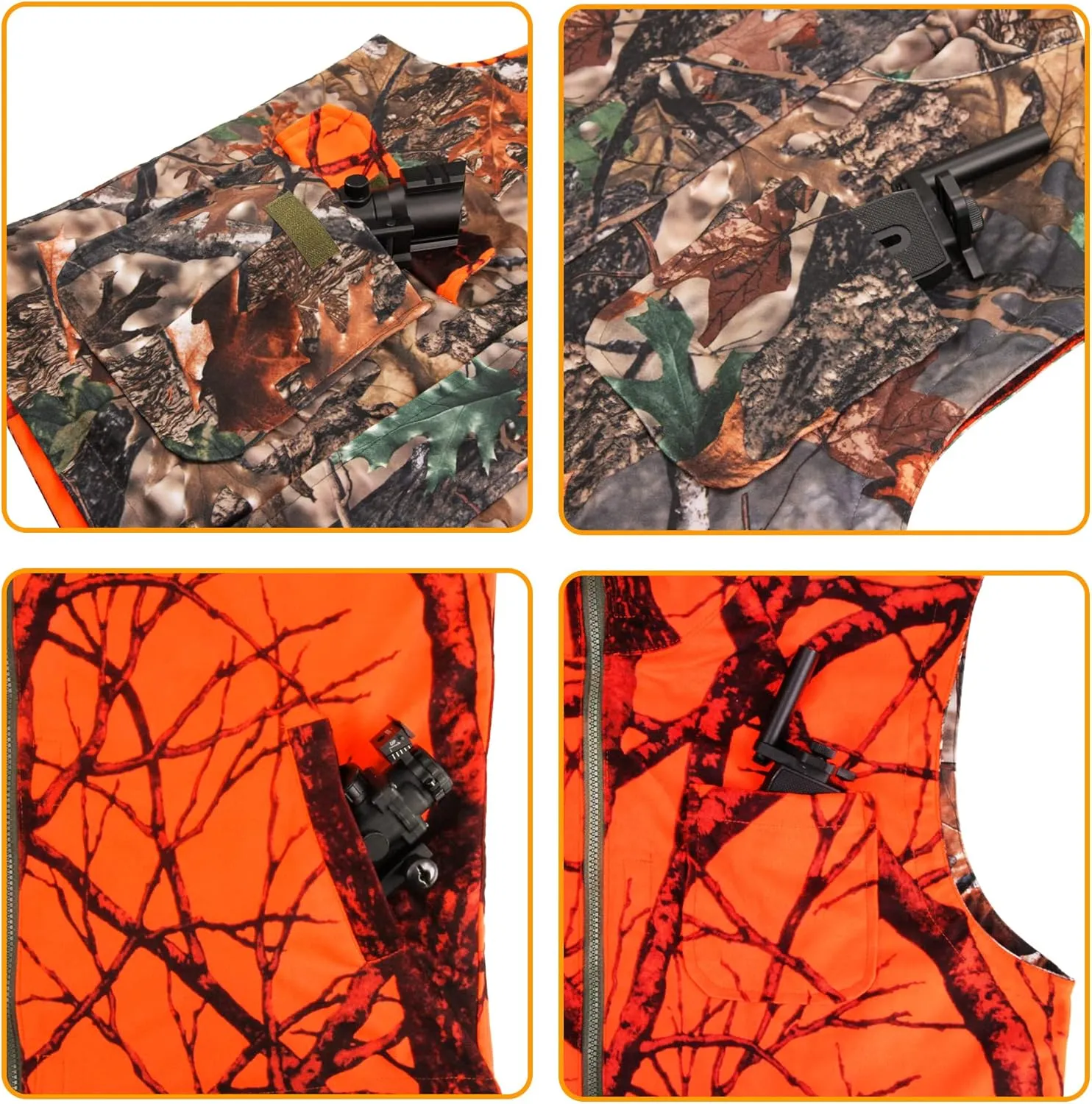 GUGULUZA Camo and Orange Hunting Reversible Vest, Game Vest Jacket for Hunting Camping (M-4XL)