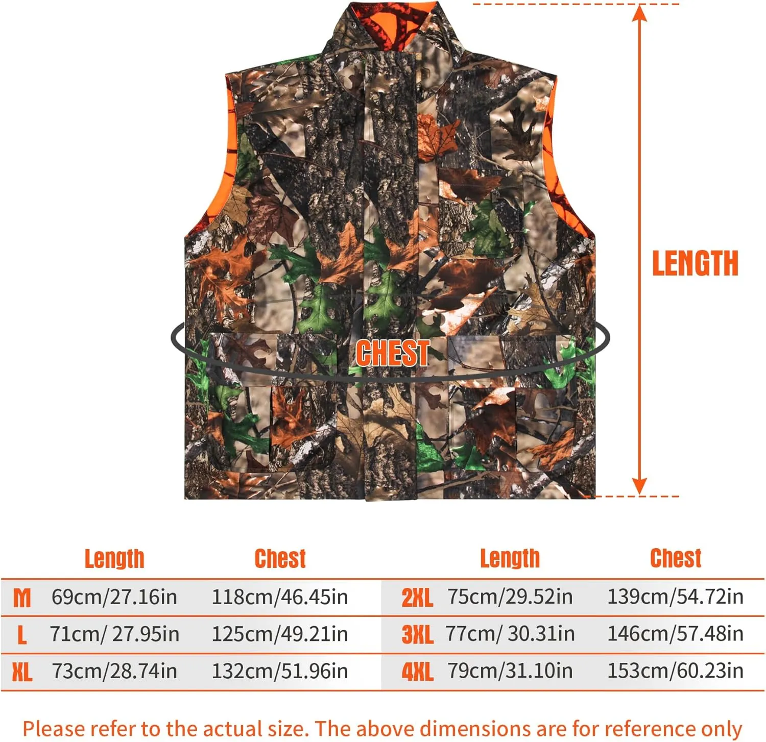 GUGULUZA Camo and Orange Hunting Reversible Vest, Game Vest Jacket for Hunting Camping (M-4XL)