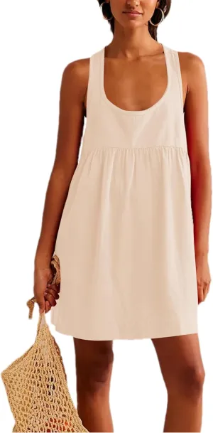 HangNiFang Mini Summer Racerback Dresses for Women Round Neck Open Back Sunshine Dress with Pockets