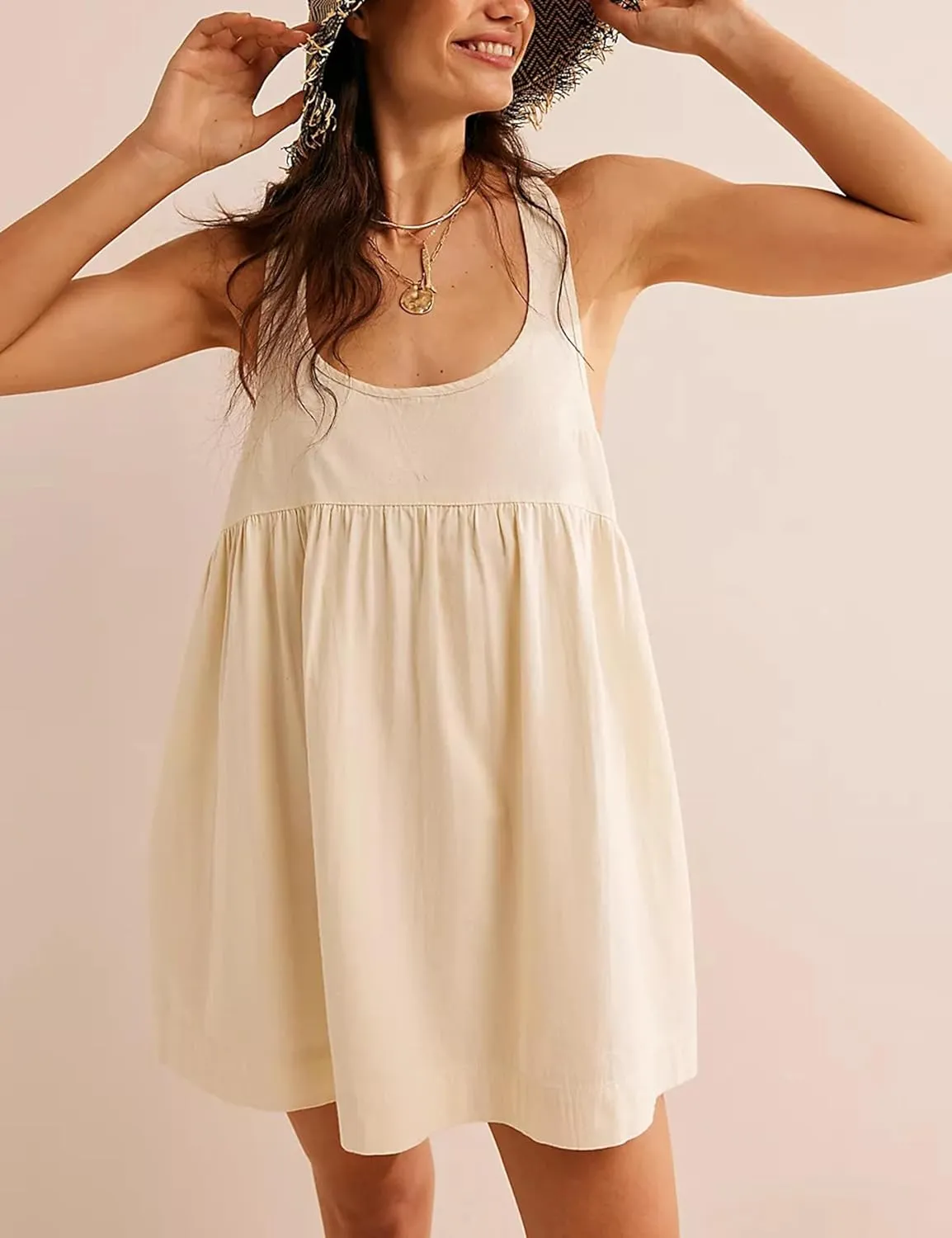 HangNiFang Mini Summer Racerback Dresses for Women Round Neck Open Back Sunshine Dress with Pockets