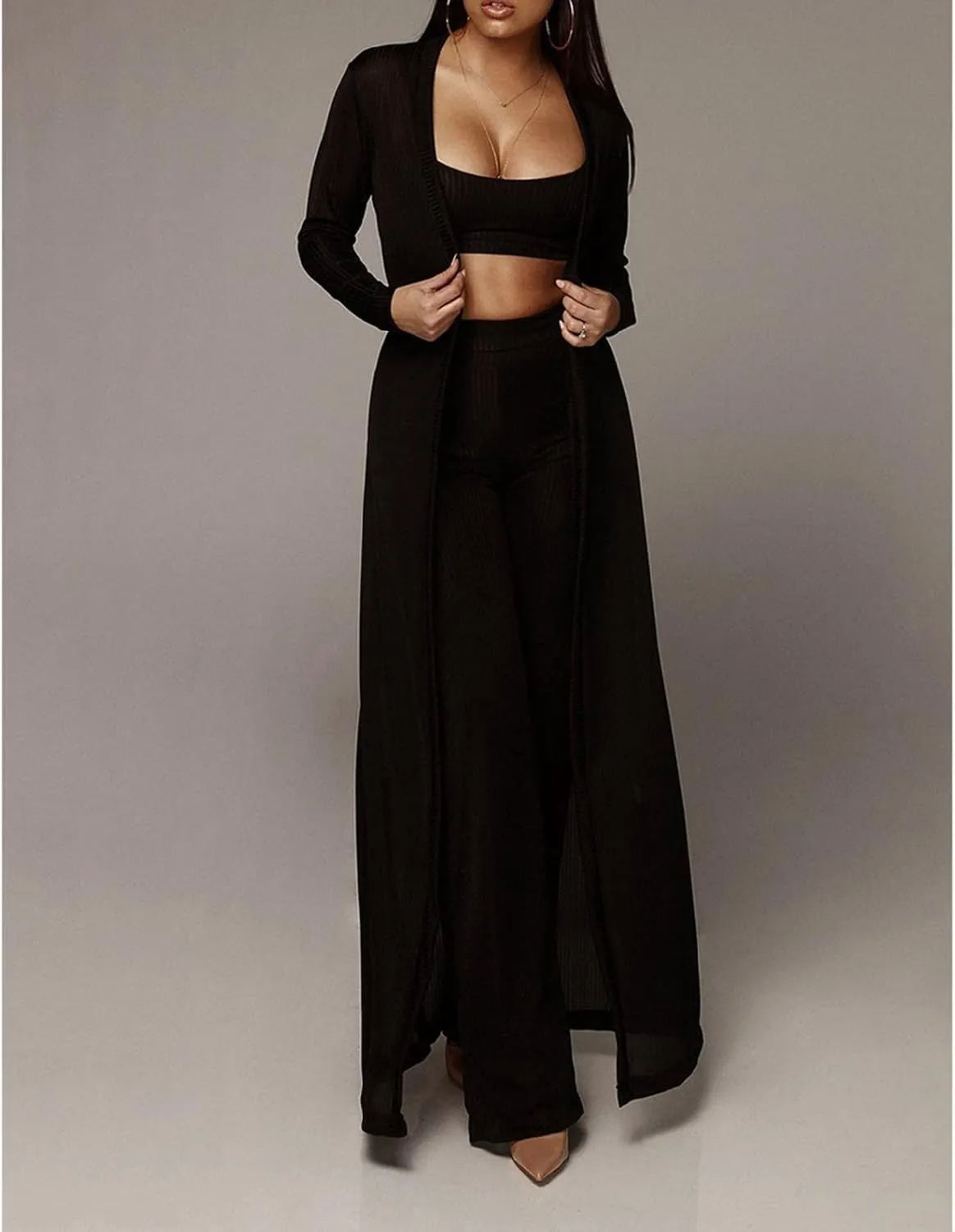 HANMAX Women's Tracksuit Winter Autumn Knitted Long-sleeved Blazer Coat Tank Long Pants Three Piece Sets Outfit