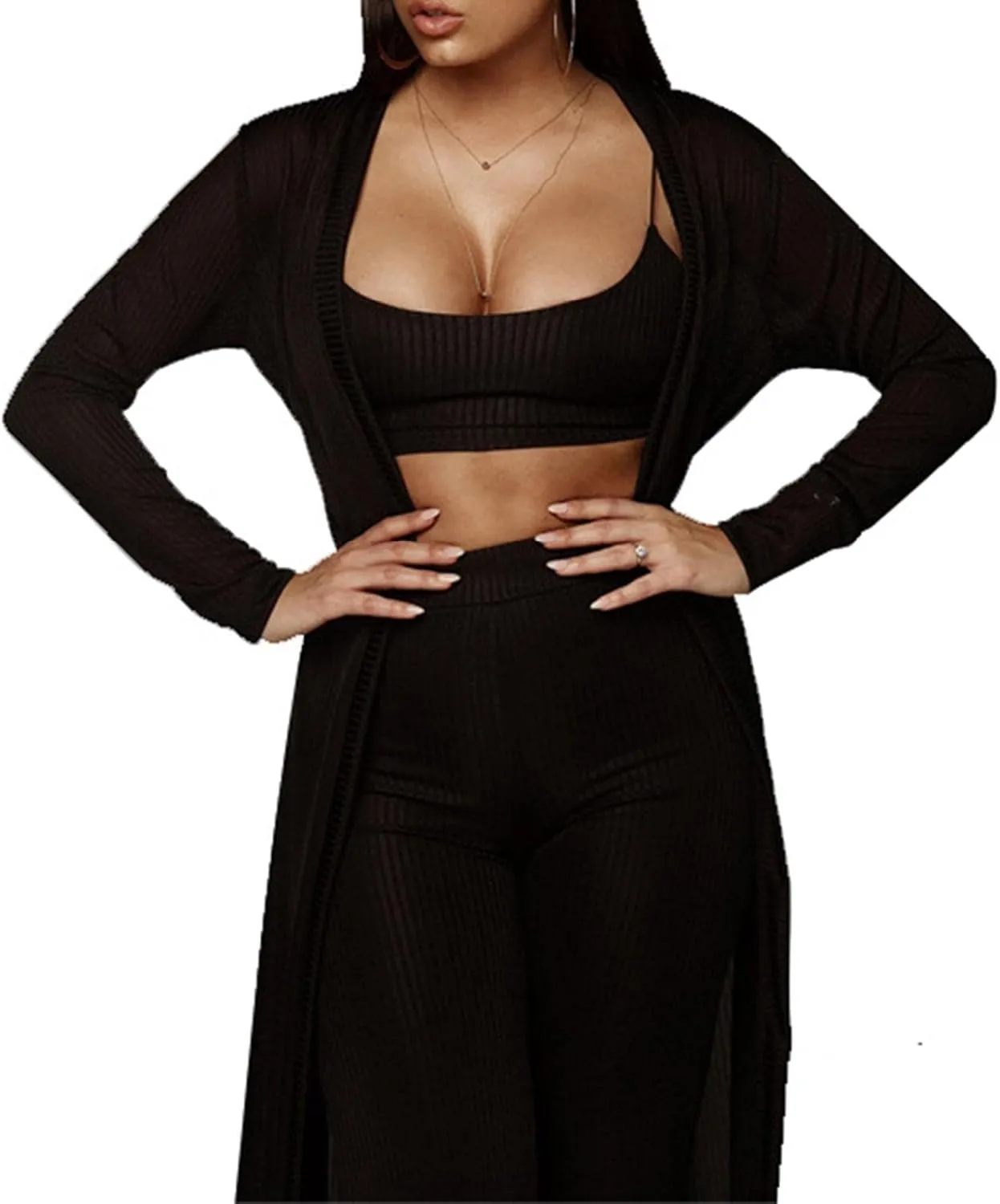 HANMAX Women's Tracksuit Winter Autumn Knitted Long-sleeved Blazer Coat Tank Long Pants Three Piece Sets Outfit