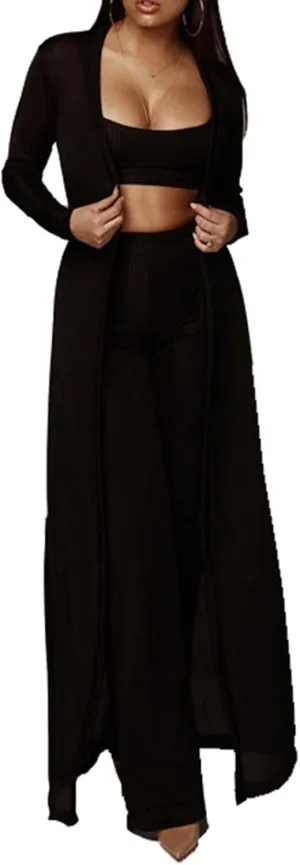 HANMAX Women's Tracksuit Winter Autumn Knitted Long-sleeved Blazer Coat Tank Long Pants Three Piece Sets Outfit