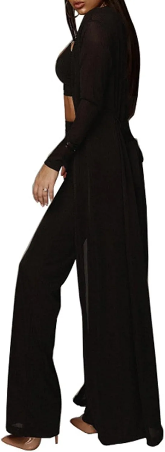 HANMAX Women's Tracksuit Winter Autumn Knitted Long-sleeved Blazer Coat Tank Long Pants Three Piece Sets Outfit