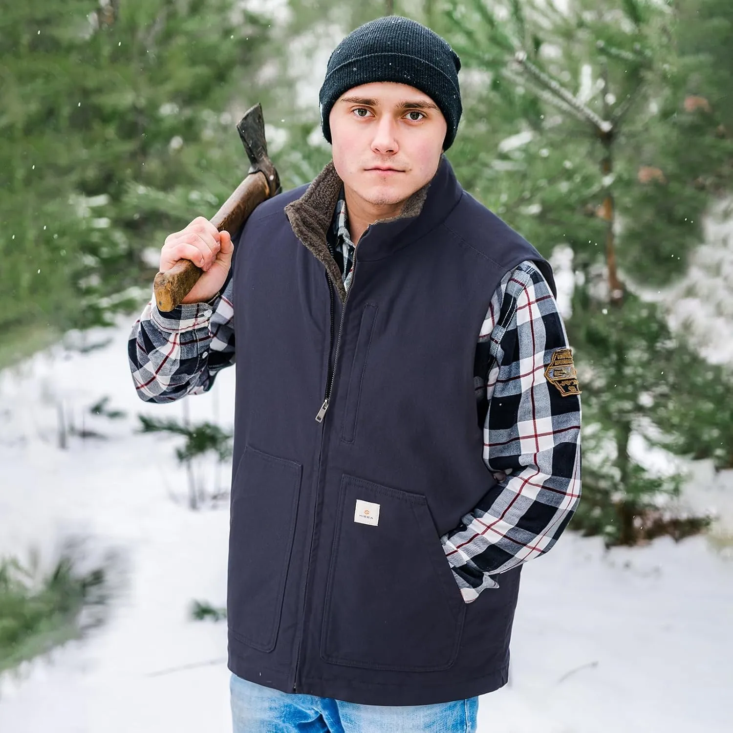 HISEA Men's Washed Duck Sherpa-Lined Vest, Mens Loose Fit Winter Insulated Canvas Workwear Mock-Neck Vest