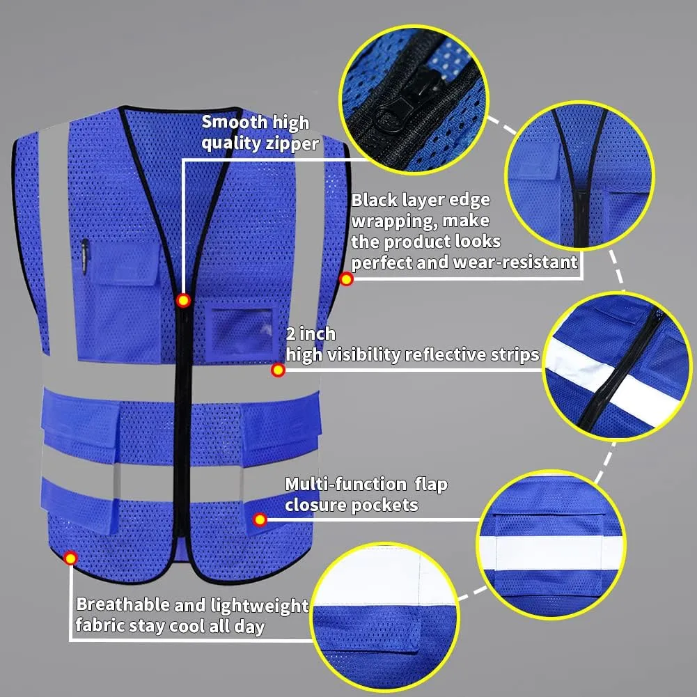 HYCOPROT High Visibility Mesh Safety Reflective Vest with Pockets and Zipper, Meets ANSI/ISEA Standards