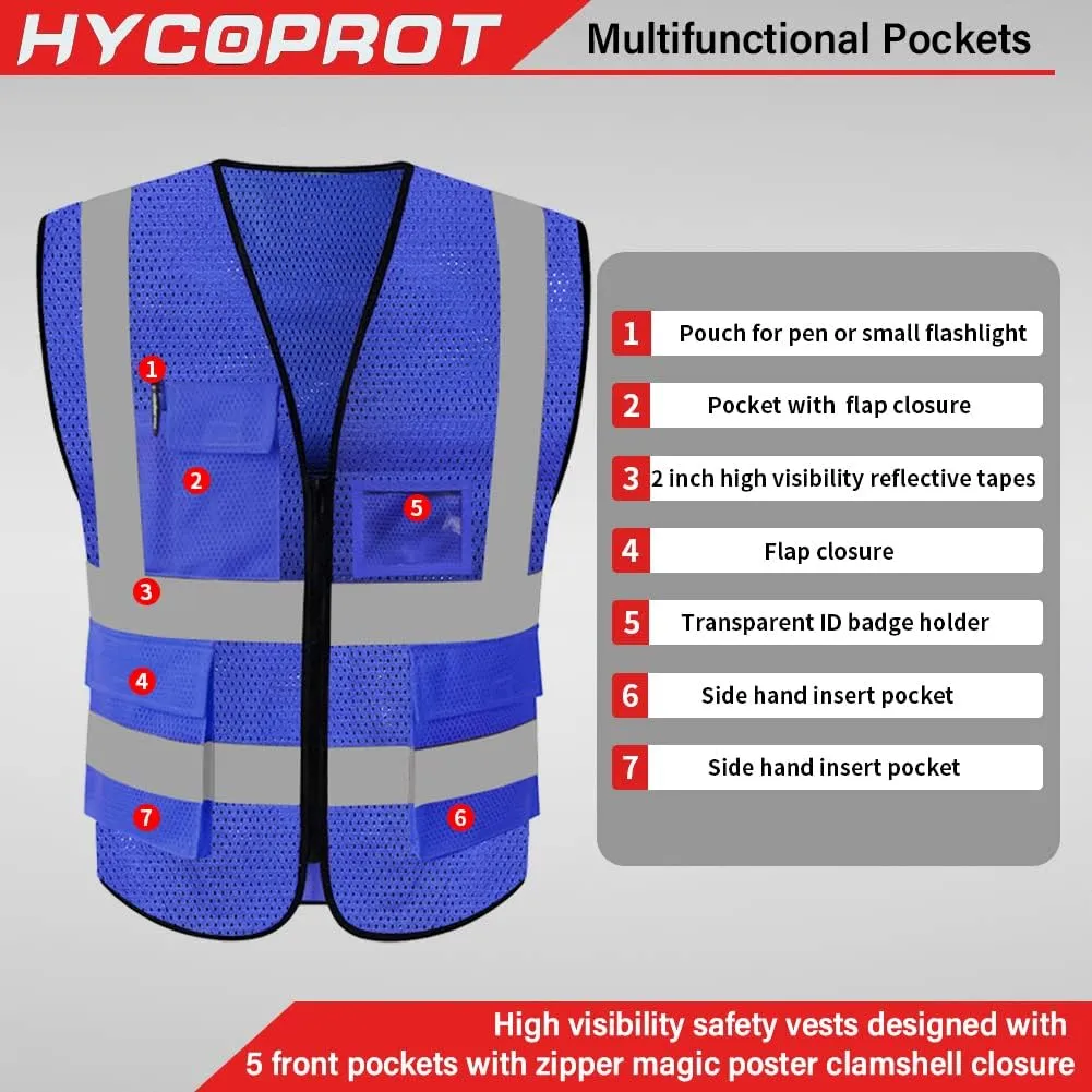 HYCOPROT High Visibility Mesh Safety Reflective Vest with Pockets and Zipper, Meets ANSI/ISEA Standards