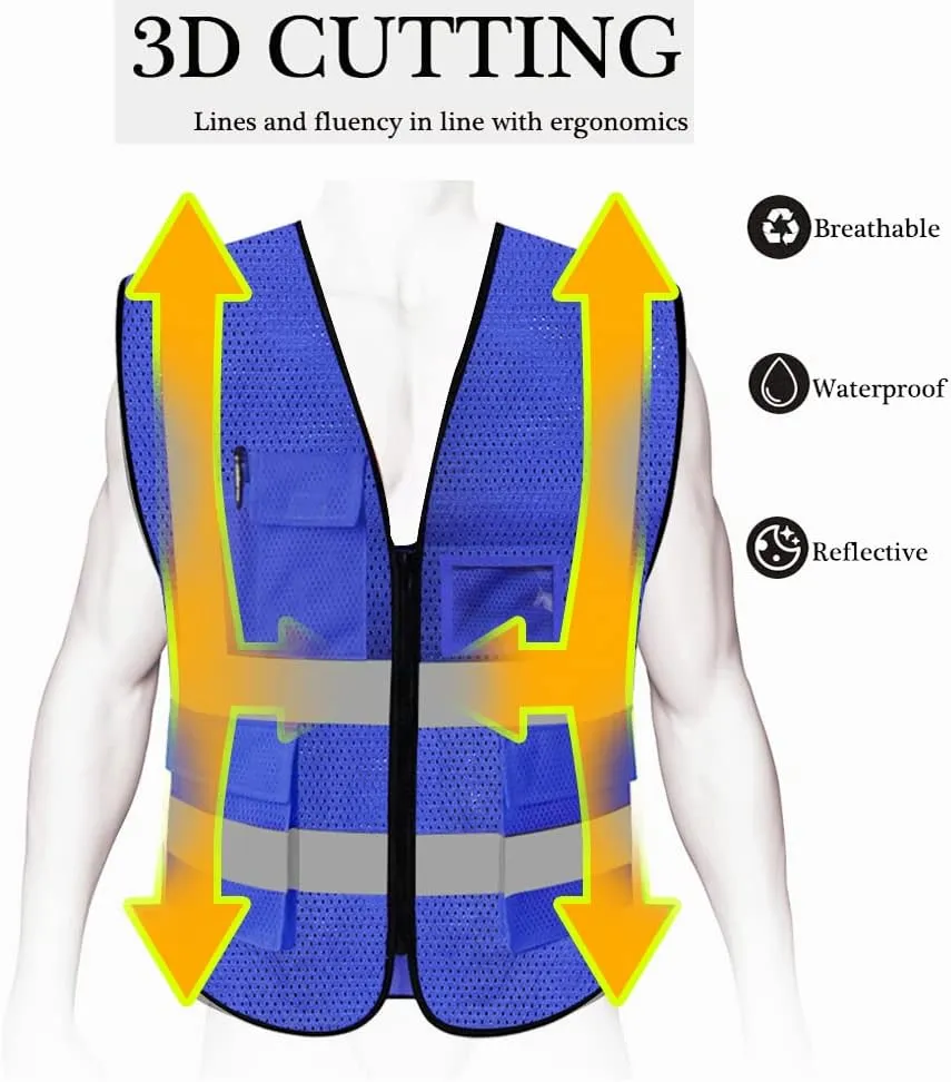 HYCOPROT High Visibility Mesh Safety Reflective Vest with Pockets and Zipper, Meets ANSI/ISEA Standards
