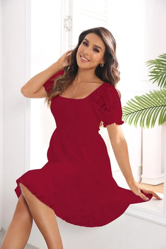 iceKiss Women's Lace Floral Mini Dress Square Neck Short Sleeve&Off Shoulder Casual Ruffle Cocktail Dress