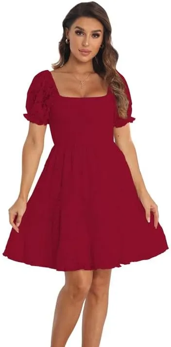 iceKiss Women's Lace Floral Mini Dress Square Neck Short Sleeve&Off Shoulder Casual Ruffle Cocktail Dress