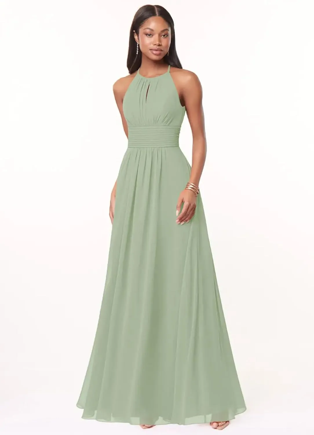 IKMNN Chiffon A Line Bridesmaid Dresses for Women Halter Long Formal Evening Party Dress IK036