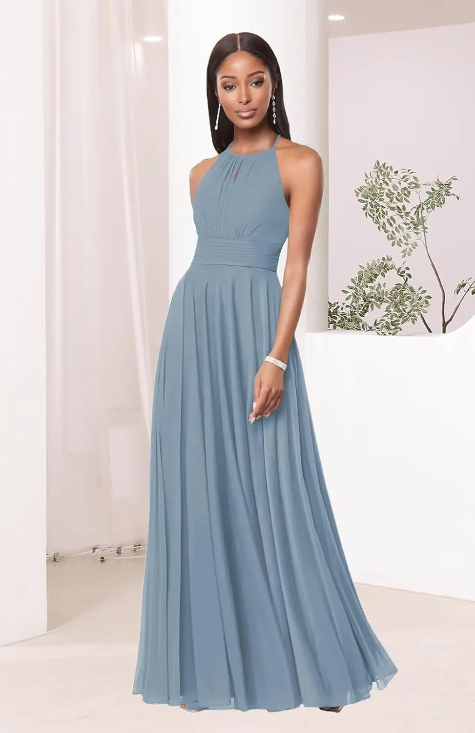IKMNN Chiffon A Line Bridesmaid Dresses for Women Halter Long Formal Evening Party Dress IK036