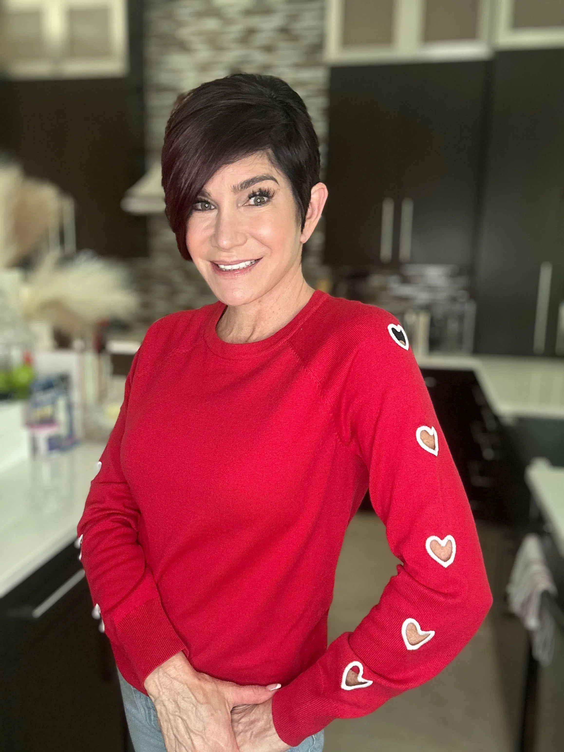 Intarsia Heart Sleeve Crew Neck Sweater