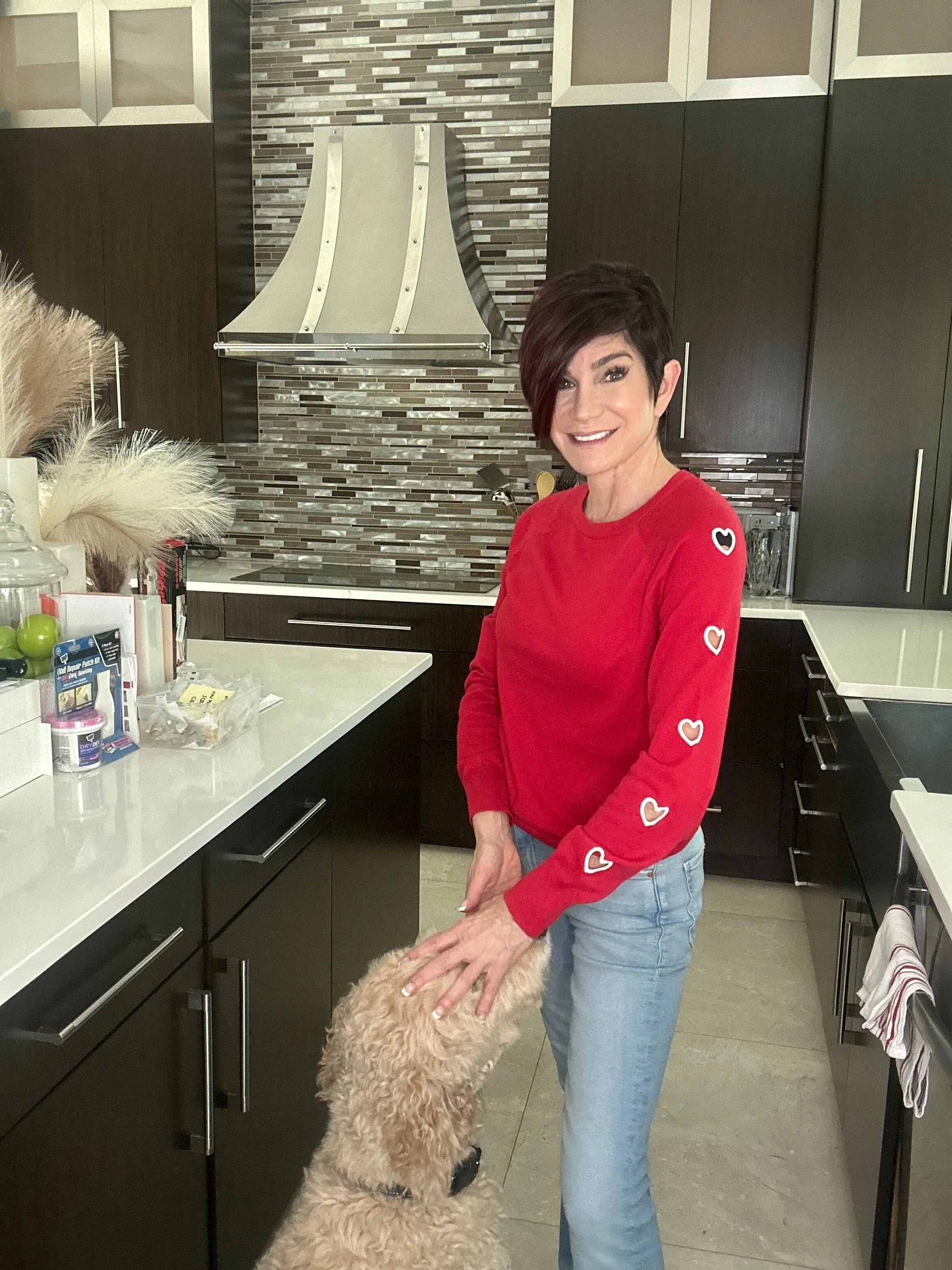 Intarsia Heart Sleeve Crew Neck Sweater