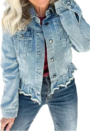 KevaMolly Womens Jacket Short Sleeve Ruffle Hem Flap Pockets Denim Jacket Shirtcolla Casual Daily Shirt