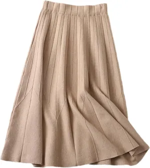 Knitting Skirts for Women Elastic High Waist Fall Winter A Line Casual Midi Pleated Skirt Blue Black