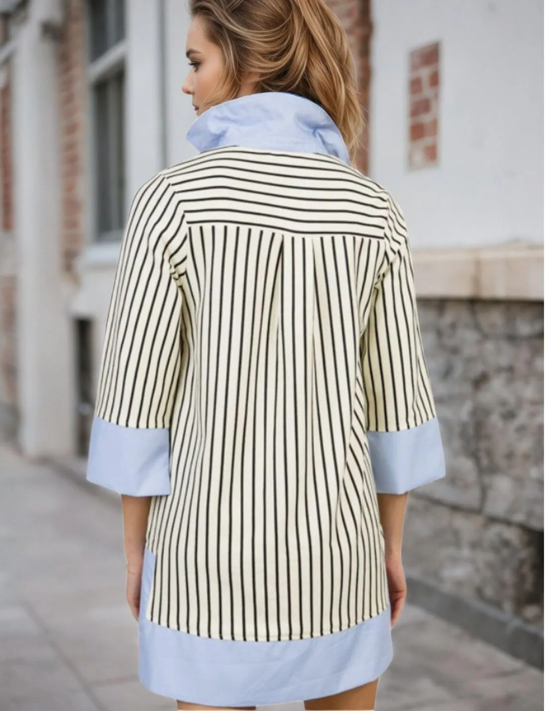 Kwoki Women's Striped Summer Mini Dress 2025 Casual Patchwork Lapel V Neck 3/4 Sleeve Elegant A Line T Shirt Dresses