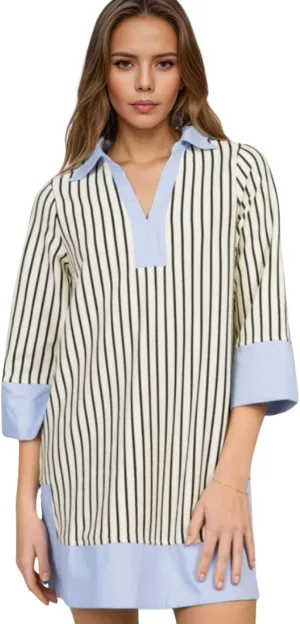 Kwoki Women's Striped Summer Mini Dress 2025 Casual Patchwork Lapel V Neck 3/4 Sleeve Elegant A Line T Shirt Dresses