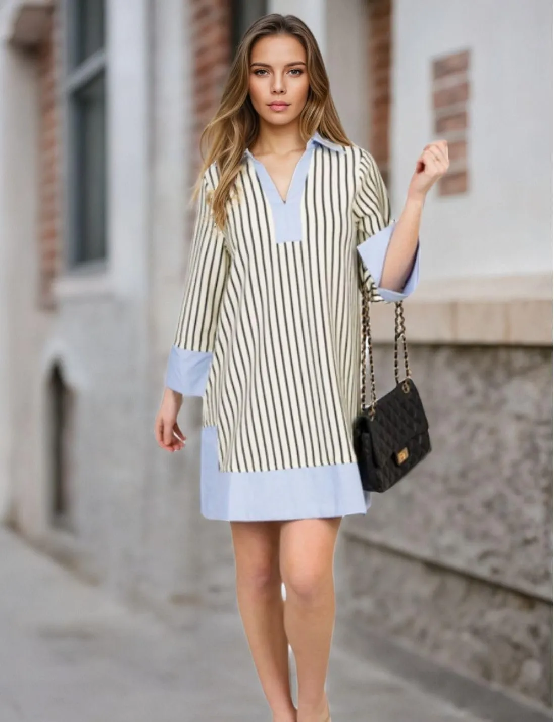 Kwoki Women's Striped Summer Mini Dress 2025 Casual Patchwork Lapel V Neck 3/4 Sleeve Elegant A Line T Shirt Dresses