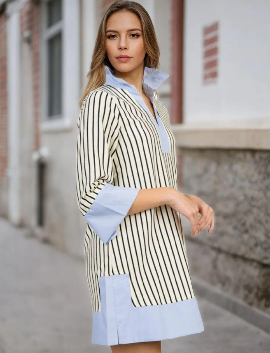 Kwoki Women's Striped Summer Mini Dress 2025 Casual Patchwork Lapel V Neck 3/4 Sleeve Elegant A Line T Shirt Dresses