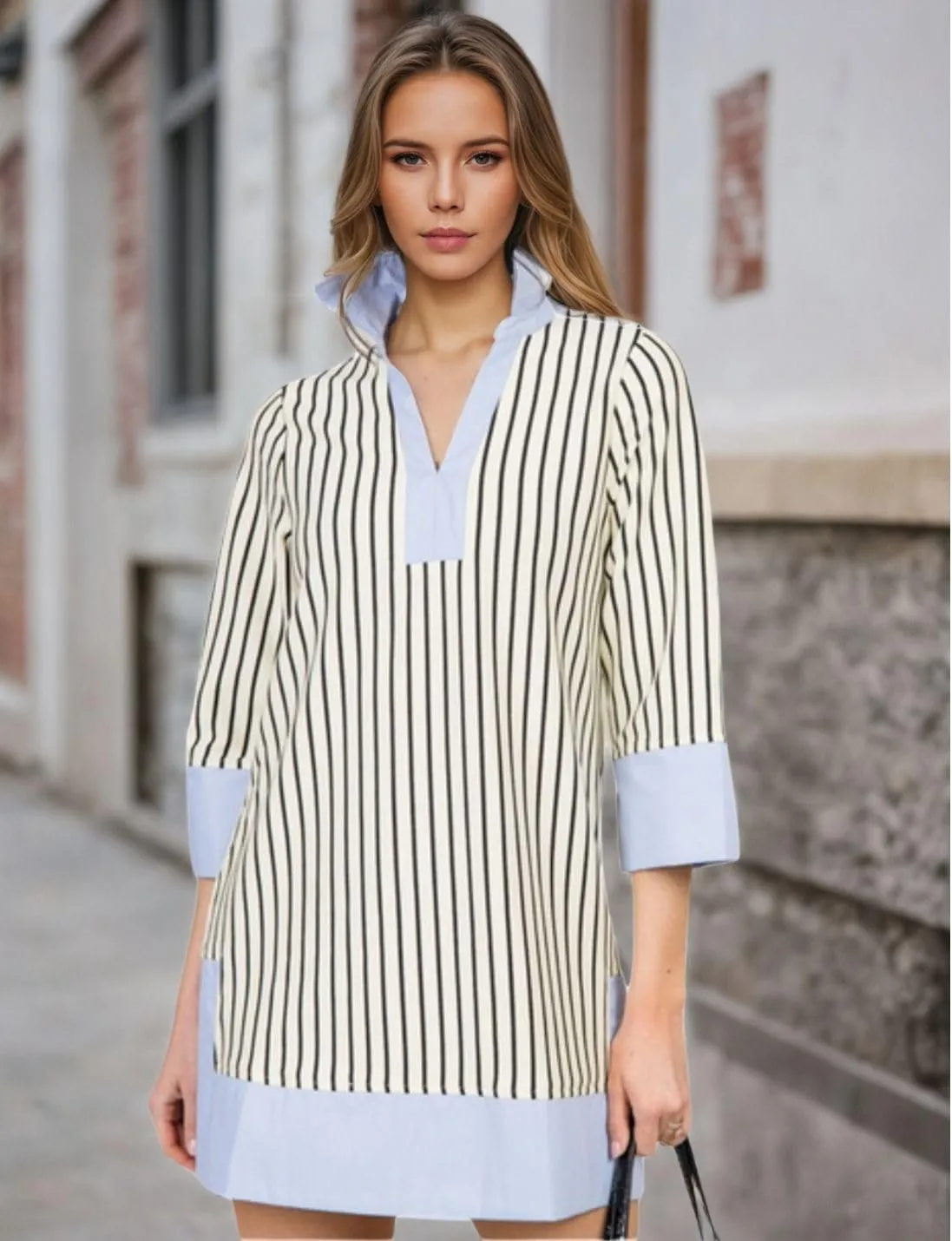Kwoki Women's Striped Summer Mini Dress 2025 Casual Patchwork Lapel V Neck 3/4 Sleeve Elegant A Line T Shirt Dresses