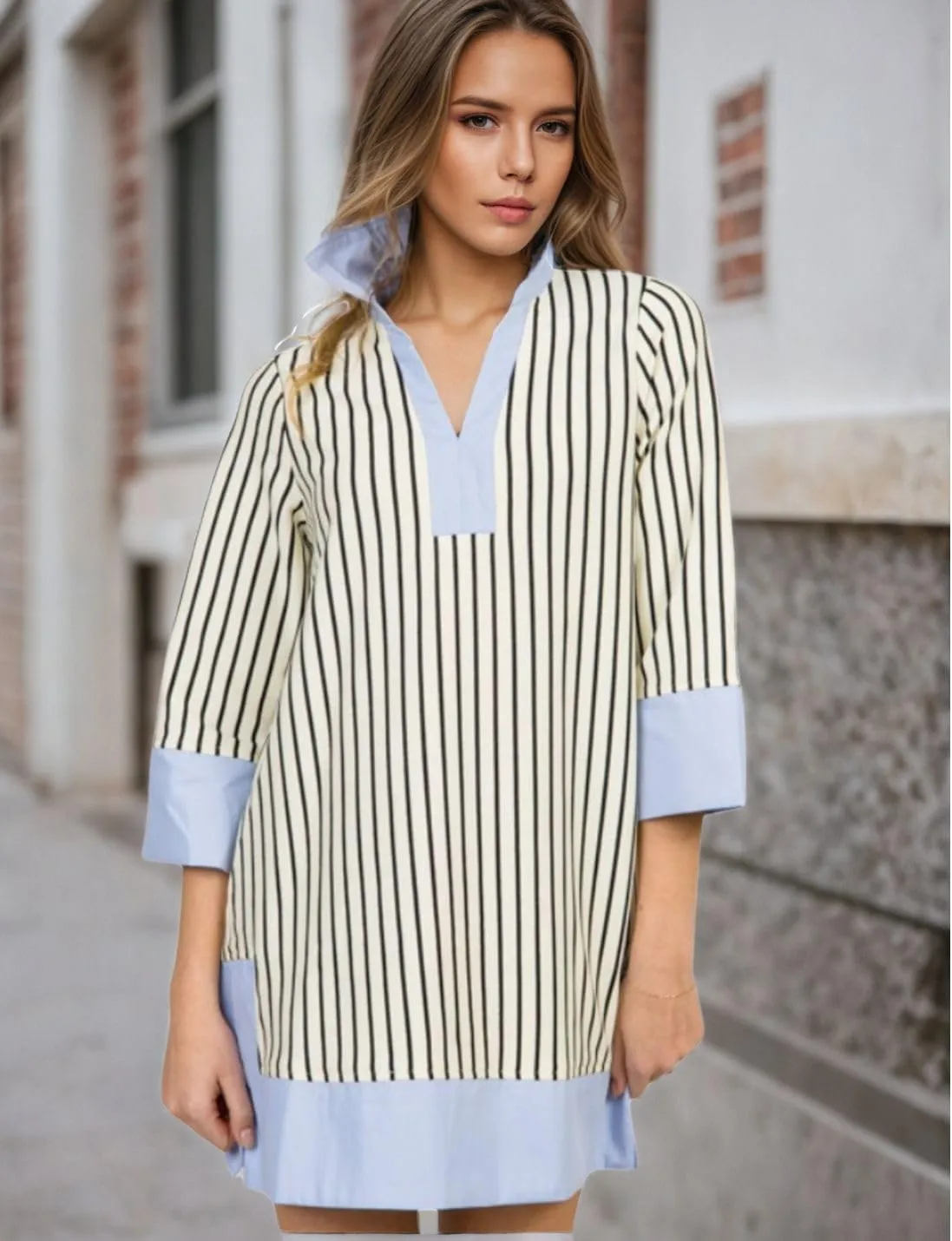 Kwoki Women's Striped Summer Mini Dress 2025 Casual Patchwork Lapel V Neck 3/4 Sleeve Elegant A Line T Shirt Dresses