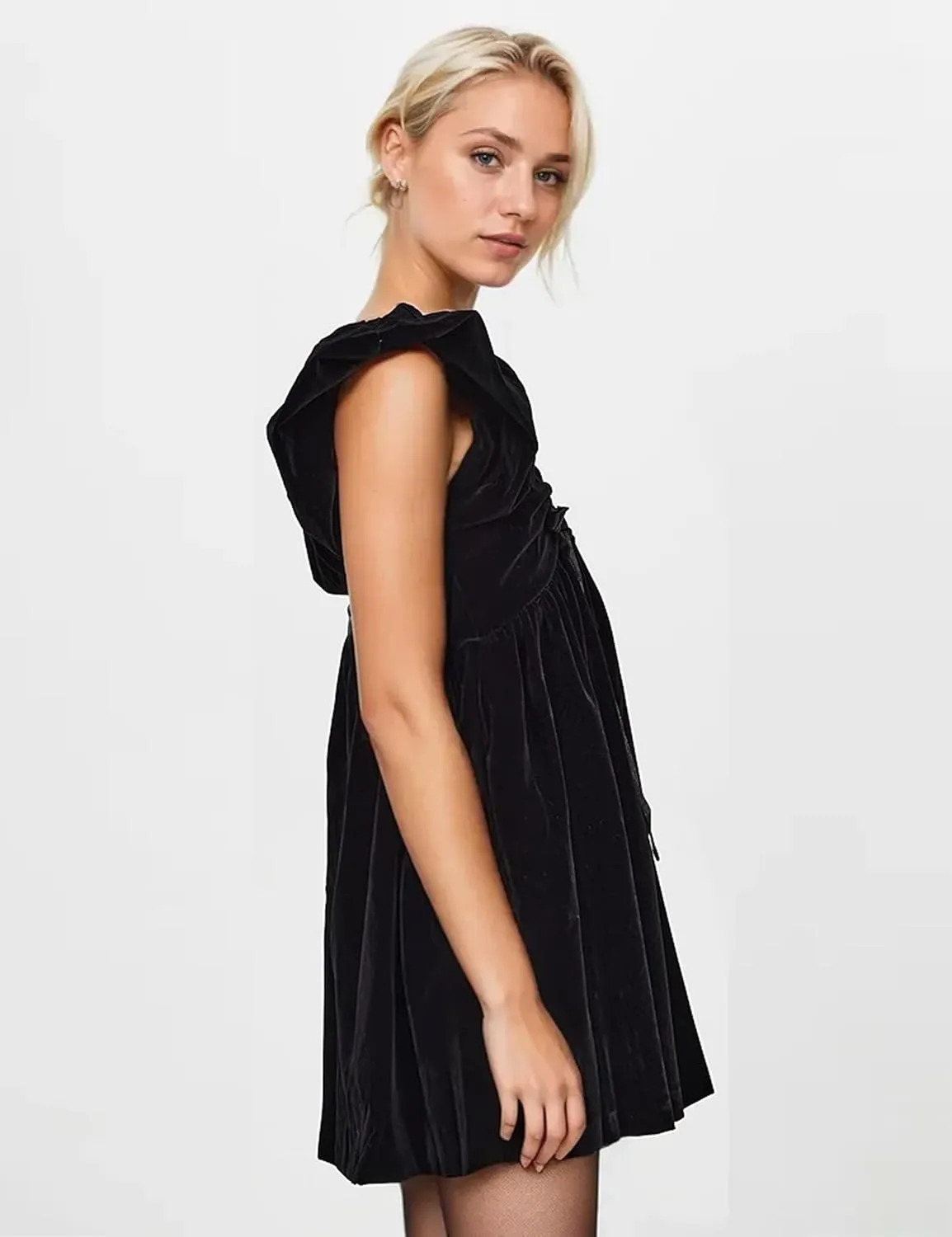 Livtany Women's Velvet Satin Bow Babydoll Dress V Neck Puff Sleeves Mini Dress Solid A Line Pleated Short Dress Party Club