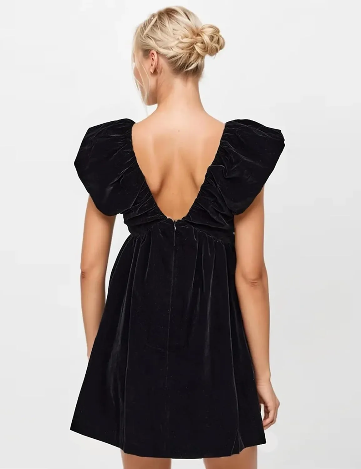 Livtany Women's Velvet Satin Bow Babydoll Dress V Neck Puff Sleeves Mini Dress Solid A Line Pleated Short Dress Party Club