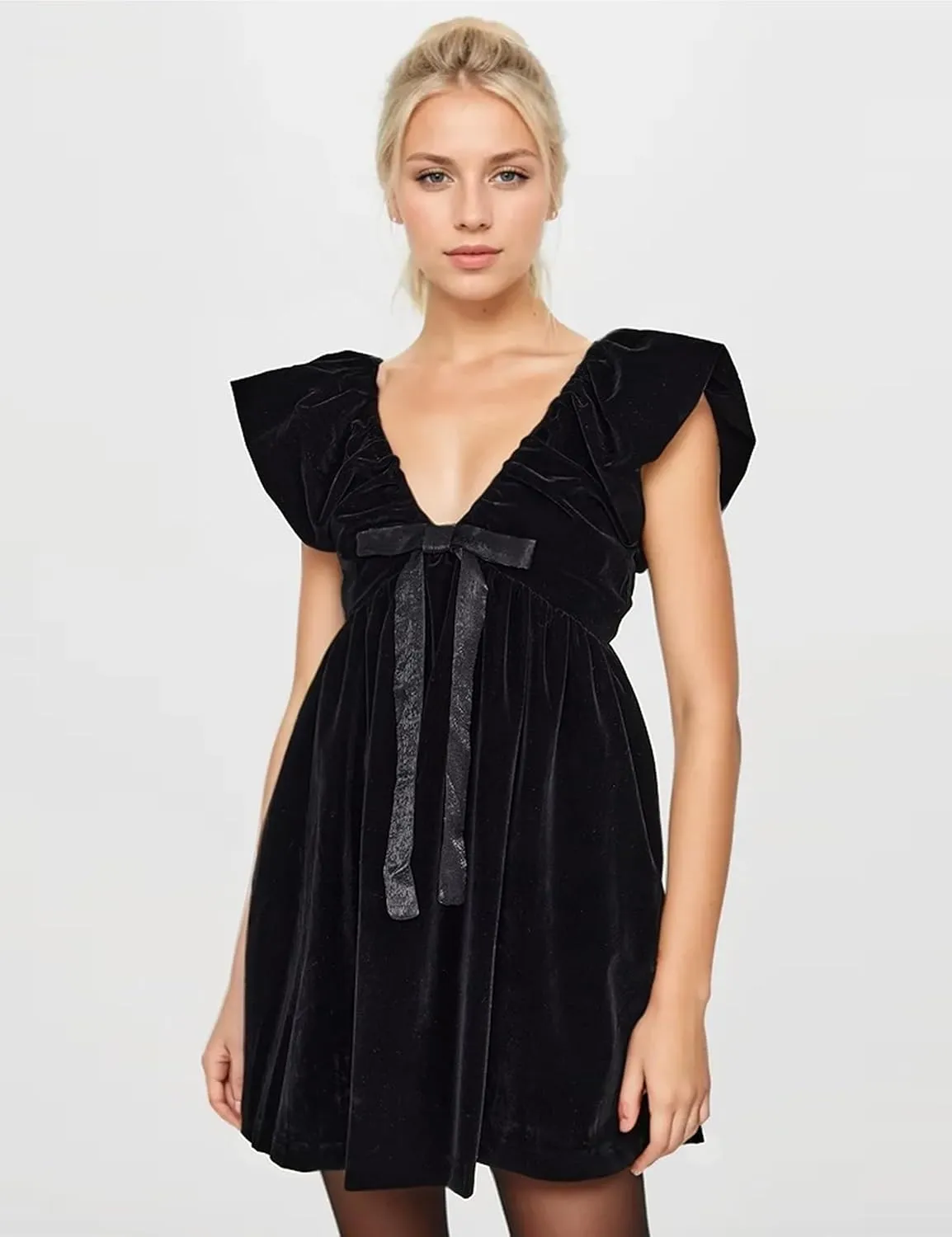 Livtany Women's Velvet Satin Bow Babydoll Dress V Neck Puff Sleeves Mini Dress Solid A Line Pleated Short Dress Party Club