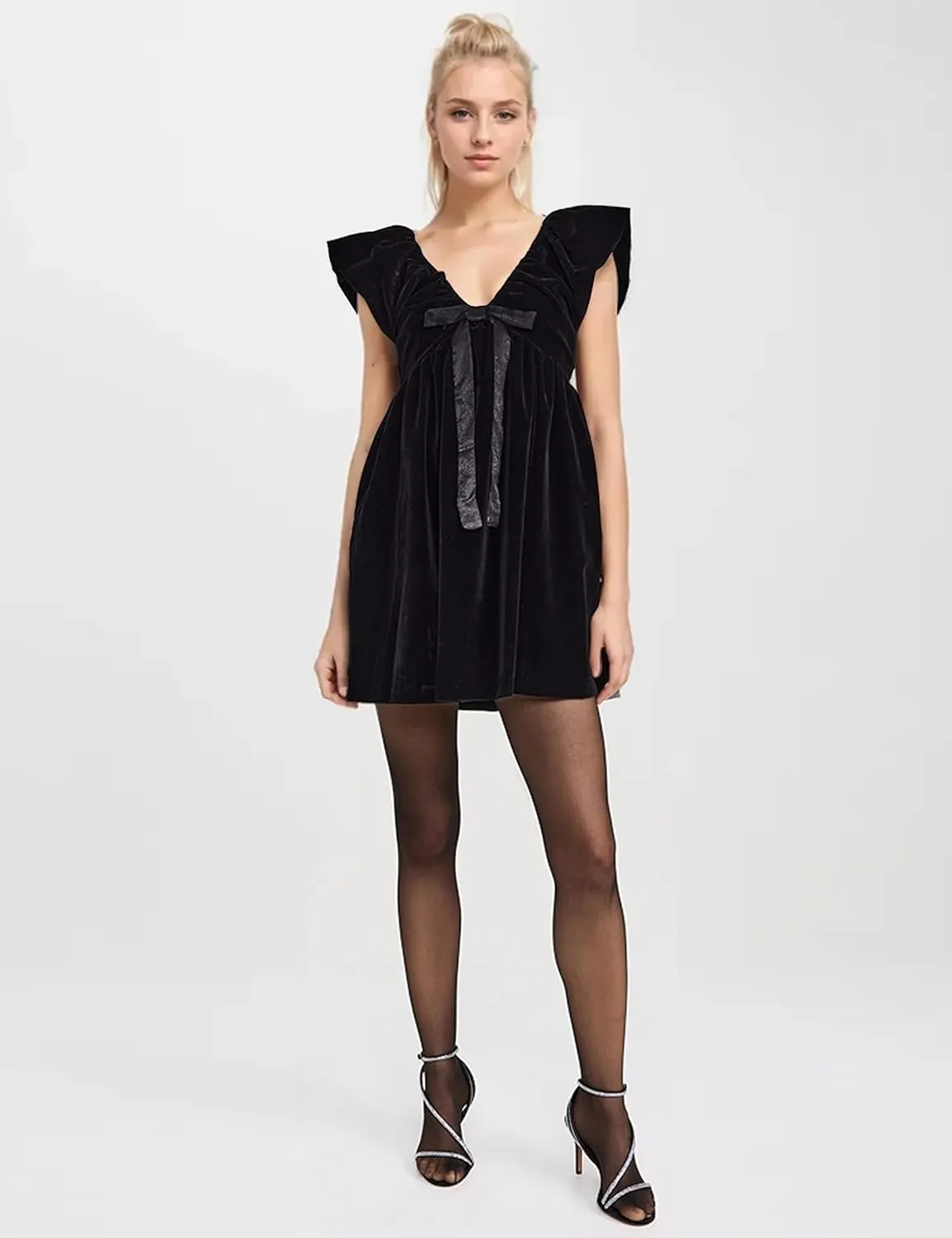 Livtany Women's Velvet Satin Bow Babydoll Dress V Neck Puff Sleeves Mini Dress Solid A Line Pleated Short Dress Party Club