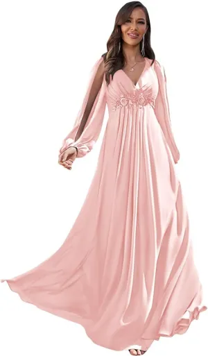 Long Sleeve Mother of The Bride Dresses for Wedding V-Neck Lace Appliques Chiffon Formal Dress Evening Gown