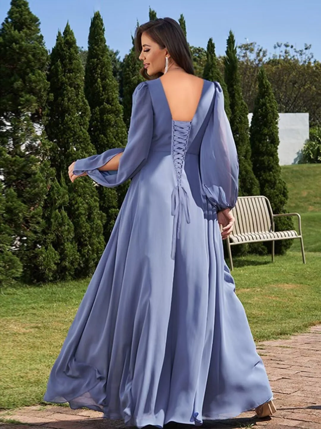 Long Sleeve Mother of The Bride Dresses for Wedding V-Neck Lace Appliques Chiffon Formal Dress Evening Gown