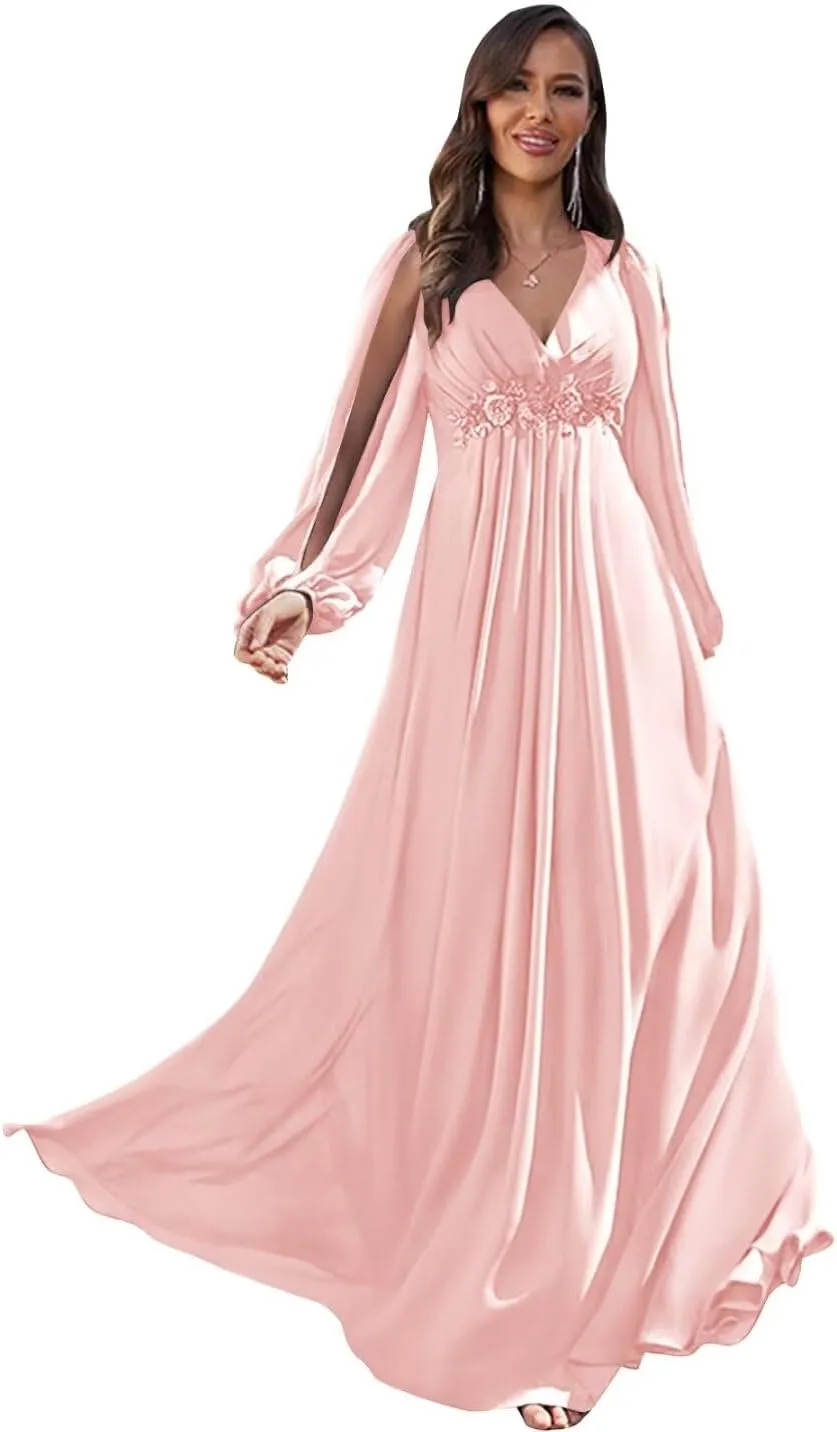 Long Sleeve Mother of The Bride Dresses for Wedding V-Neck Lace Appliques Chiffon Formal Dress Evening Gown