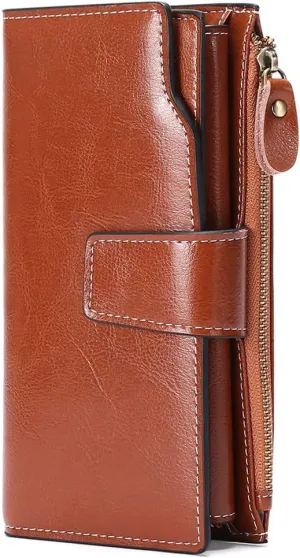 Long Women Leather Wallet Clutch RFID Blocking Clutch Card Holder Ladies Purse Zipper Pocket with Gift Box (Brown)