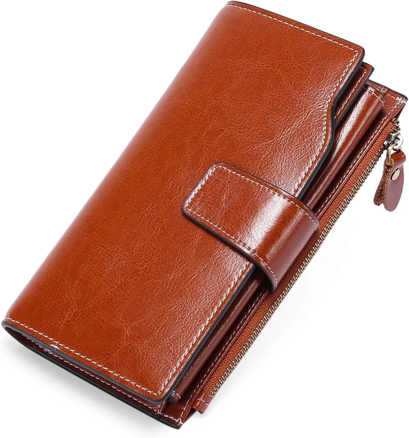 Long Women Leather Wallet Clutch RFID Blocking Clutch Card Holder Ladies Purse Zipper Pocket with Gift Box (Brown)