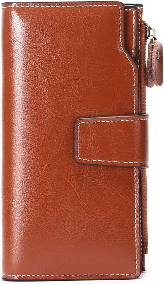 Long Women Leather Wallet Clutch RFID Blocking Clutch Card Holder Ladies Purse Zipper Pocket with Gift Box (Brown)