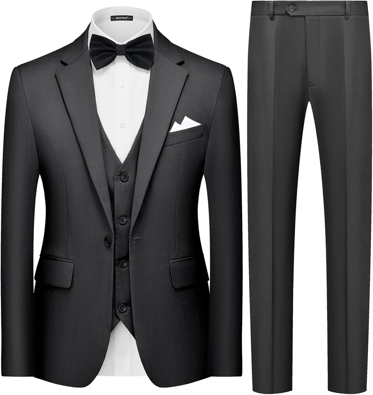 MAGE MALE Mens 3 Piece Suits Slim Fit Tuxedo Suit Set Soild Prom Wedding Suits One Button Blazer Vest Pants Set with Bow Tie