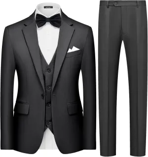 MAGE MALE Mens 3 Piece Suits Slim Fit Tuxedo Suit Set Soild Prom Wedding Suits One Button Blazer Vest Pants Set with Bow Tie
