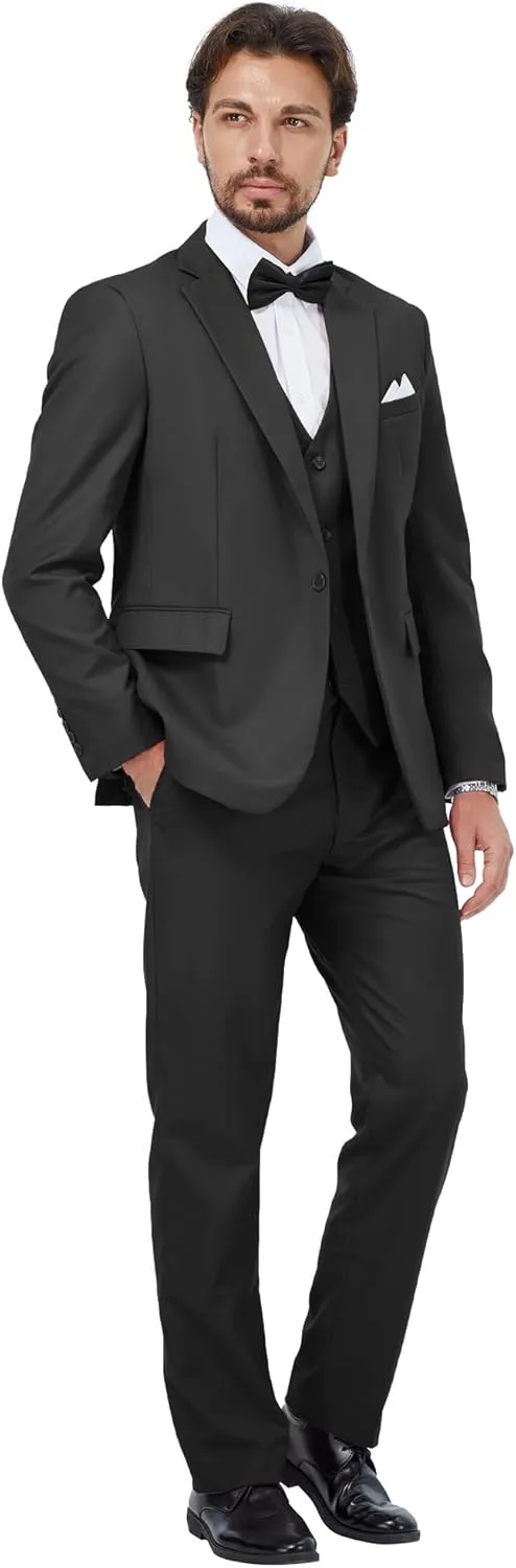 MAGE MALE Mens 3 Piece Suits Slim Fit Tuxedo Suit Set Soild Prom Wedding Suits One Button Blazer Vest Pants Set with Bow Tie