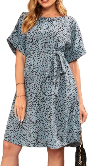 MakeMeChic Women's Maternity Dress Leopard Print Short Sleeve Belted Summer Pregnancy Dresses